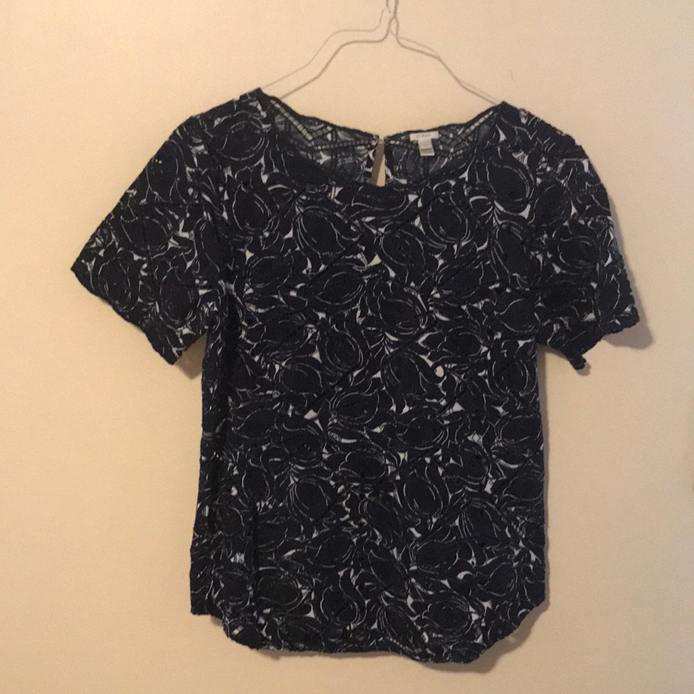 *2 for $30* J. Crew lace cutout navy and white top